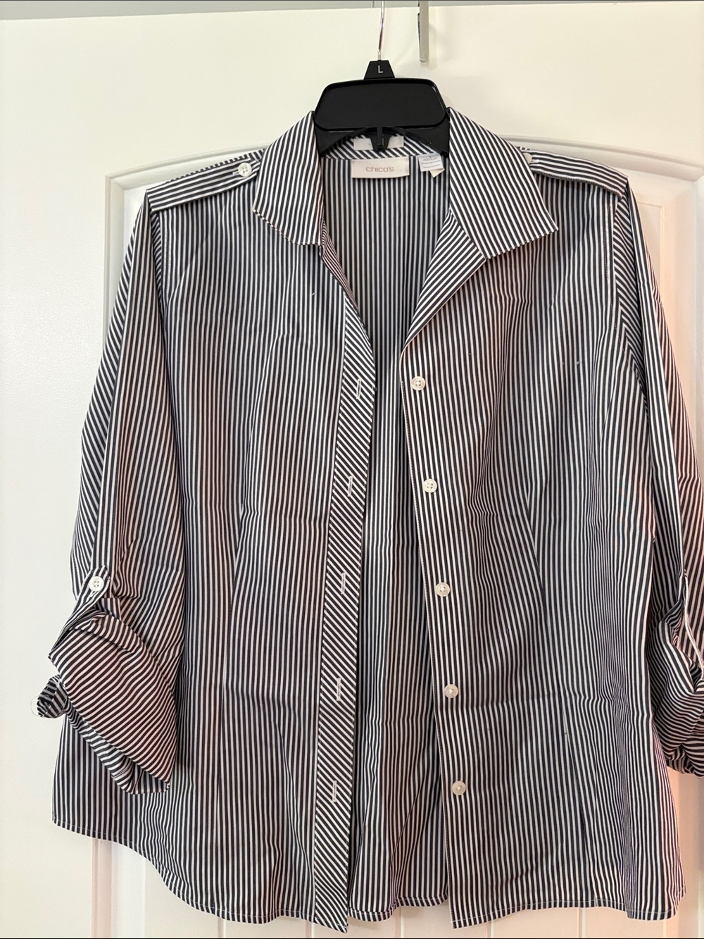 Chico's Black and White Pinstripe Button-Down Shirt